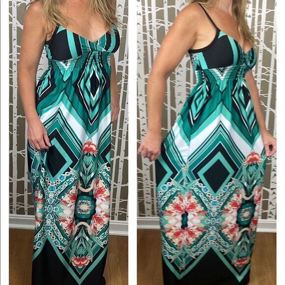 Geometric Tropical Floral Print Maxi Dress sz S - Picture 2 of 16